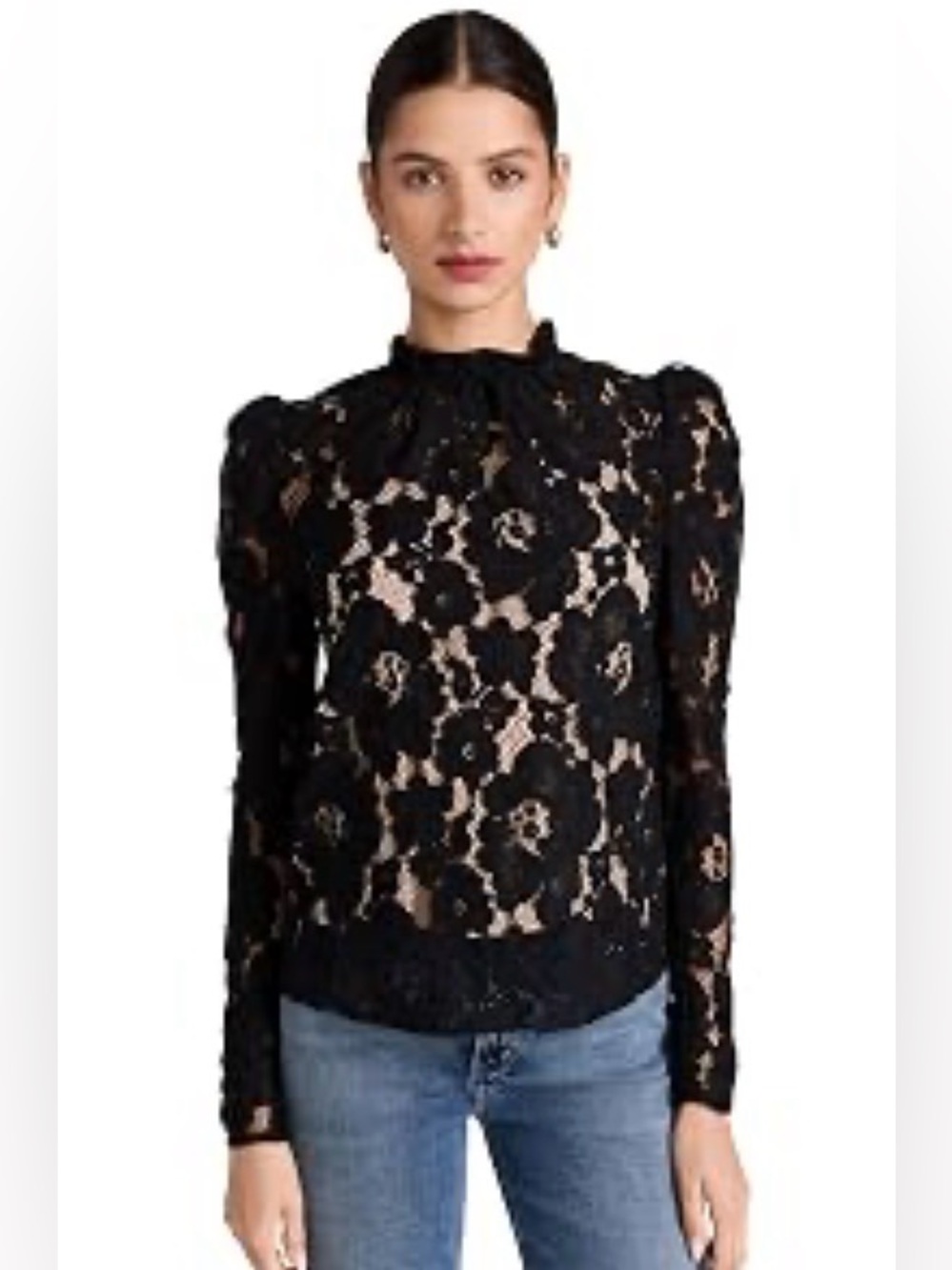 WAYF Black Floral Lace Blouse Sheer Ruffle High Neck Romantic Goth M